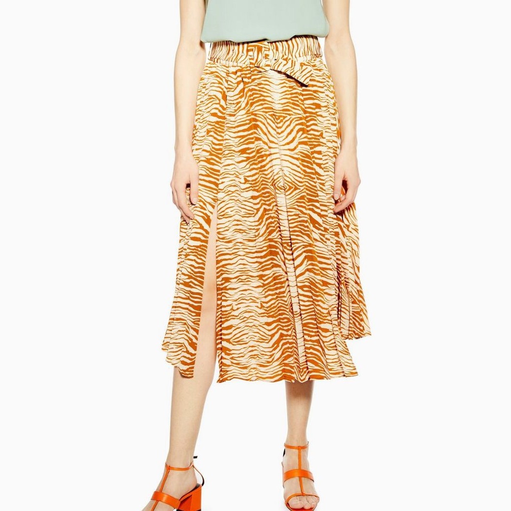 Topshop Zebra Belted Pleated Midi Skirt